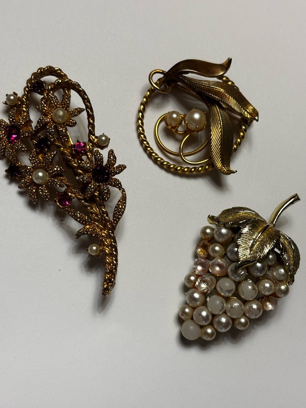 Vintage Gold Tone Pearl Floral Brooch Lot